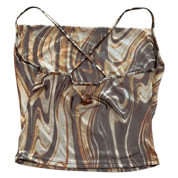 Brown and Cream Marble Print Cross Back Crop Top - Picture 3 of 8